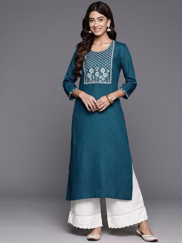 Varanga Women Teal Round Neck Embroidered Yoke Straight Kurta